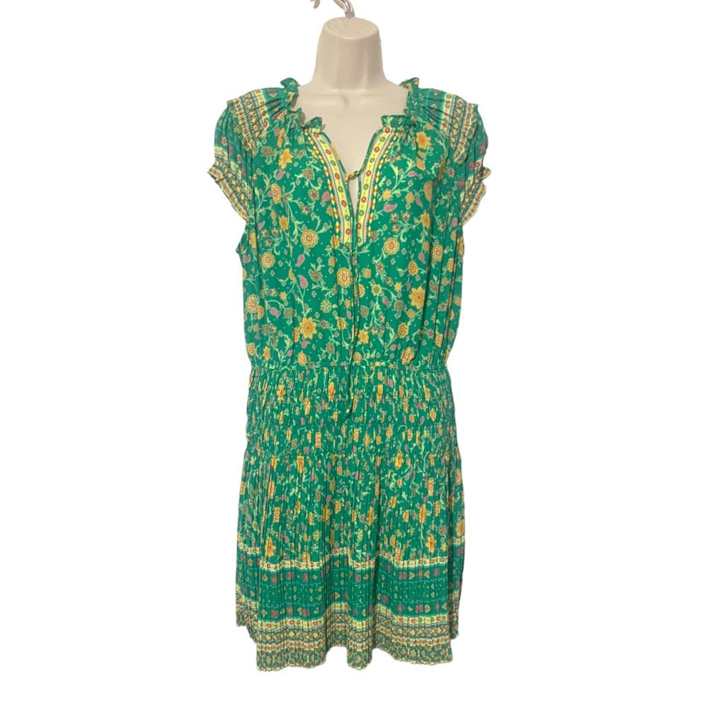 Current Air Floral boho smocked pleated‎ floral paisley mini dress Sz LG